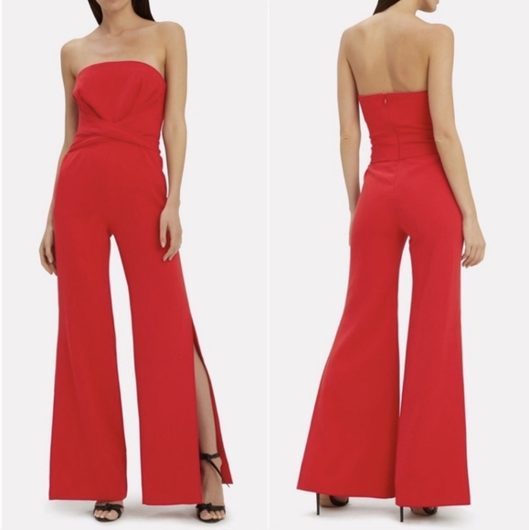 Jonathan Simkhai Pants - Jonathan Simkhai Red Strapless Wide Leg Crepe Jumpsuit